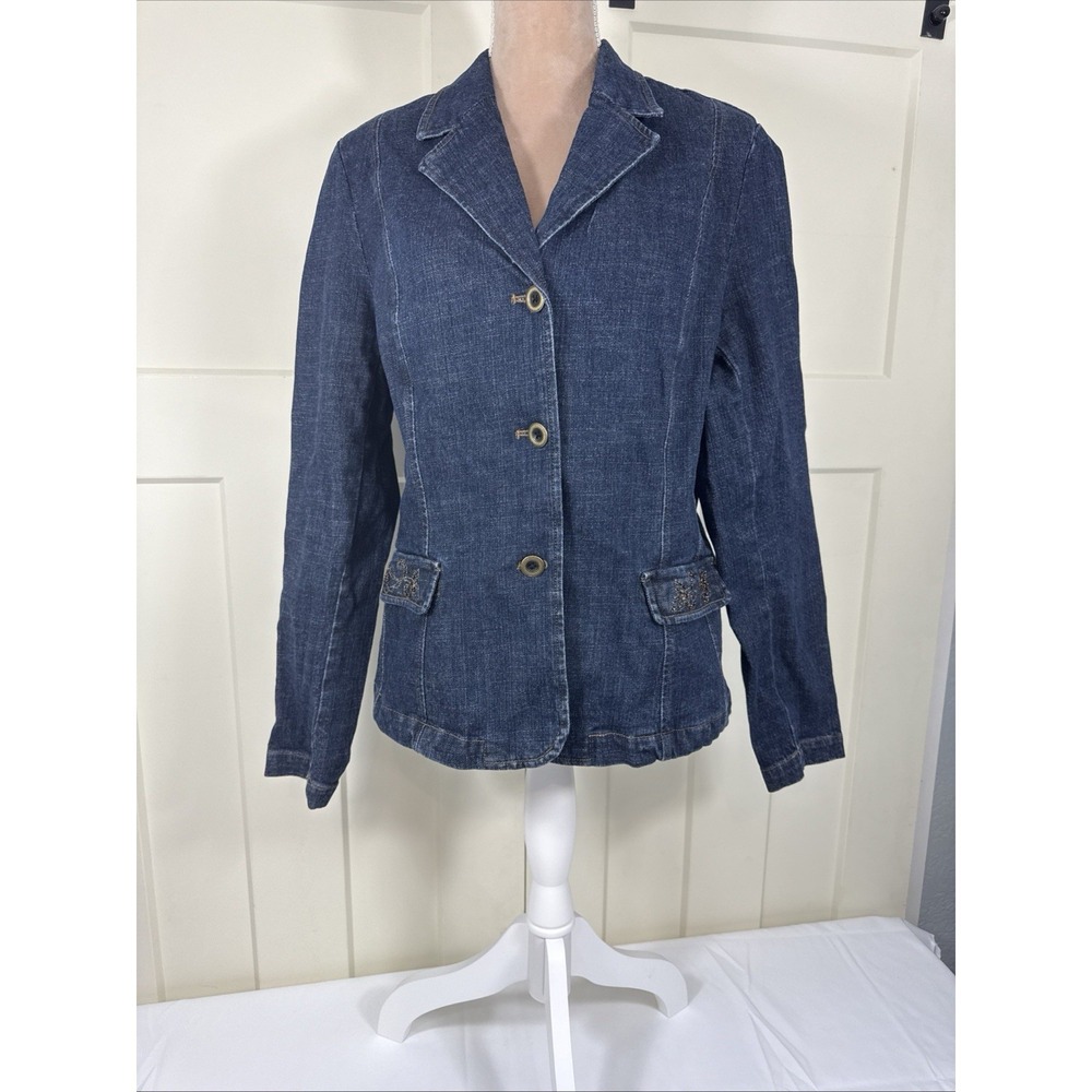 Bob Mackie Womens L Semi Fitted Denim Jacket Long Sleeve Button Up Sequin Pocket
